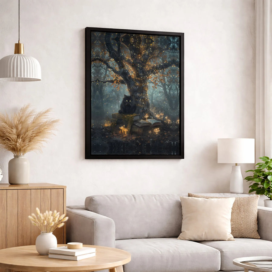 Magical Black Cat Wall Art | Enchanted Forest Book Nook Canvas | Premium Fade-Resistant Print | Whimsical Home Decor Gift