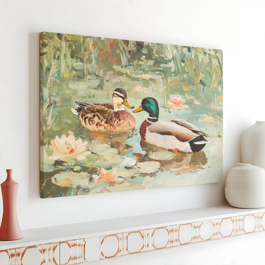 Mallard Ducks Canvas Wall Art | Impressionist Pond & Water Lilies Print | Gallery Wrapped Premium Decor | Nature Lover Living Room Gift