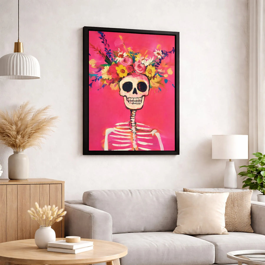 Sugar Skull Canvas Wall Art | Colorful Floral Crown Dia De Los Muertos Decor | Gallery Quality 1.25 Inch Profile | Unique Home Office Gift