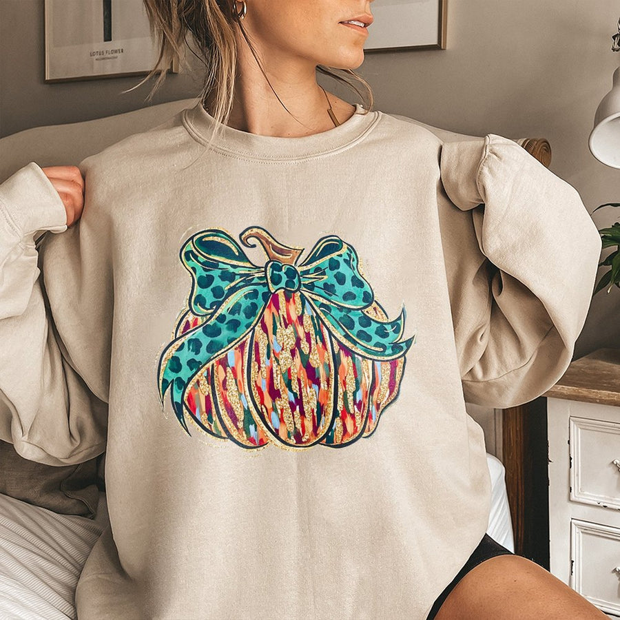 Fall Pumpkin Sweatshirt | Abstract Brushstroke Leopard Print Bow Design | Premium Cotton Blend | Cozy Women's Halloween Gift