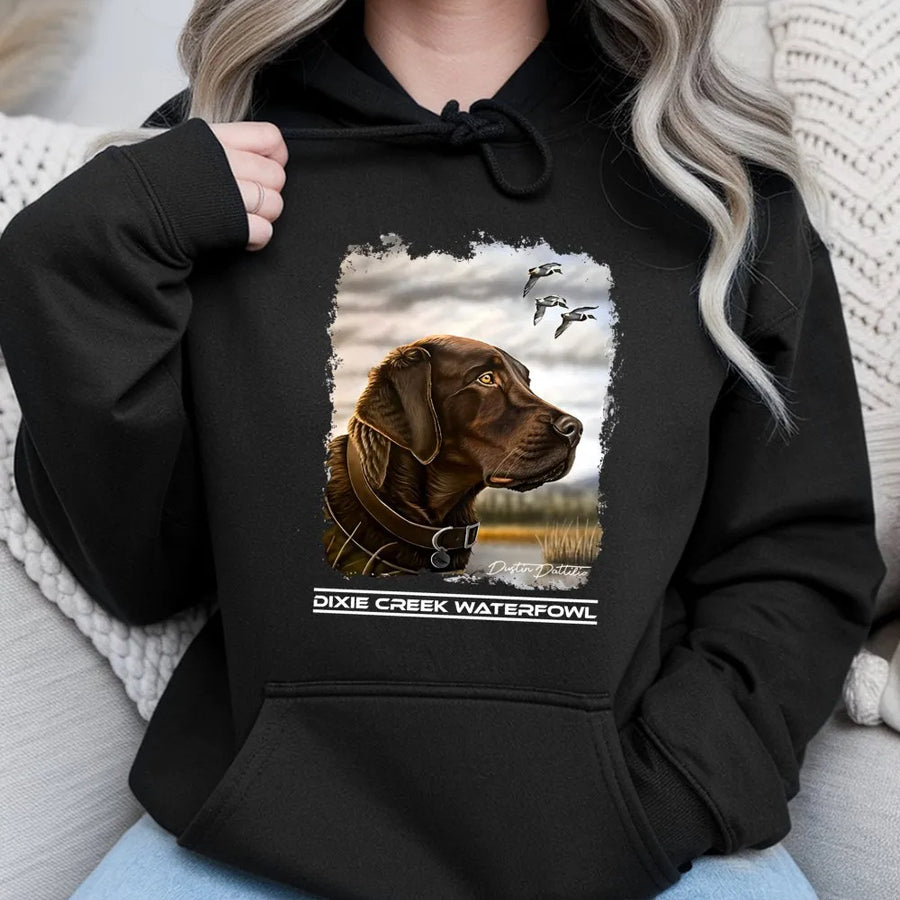 Chocolate Labrador Hoodie | Hunting Retriever Duck Dog Graphic | Premium Cotton Blend Pullover | Gift for Duck Hunters and Dog Lovers