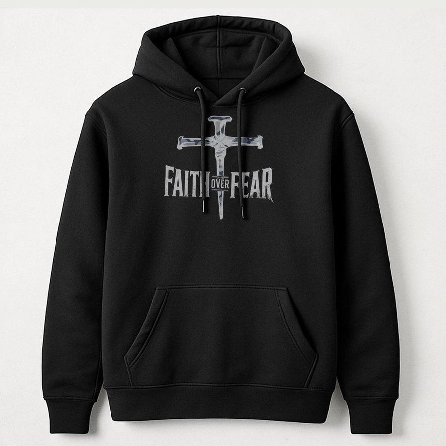 Faith Over Fear Hoodie | Camo Cross Graphic Print | Premium Cotton-Blend Fleece | Christian Religious Gift for Men and Women