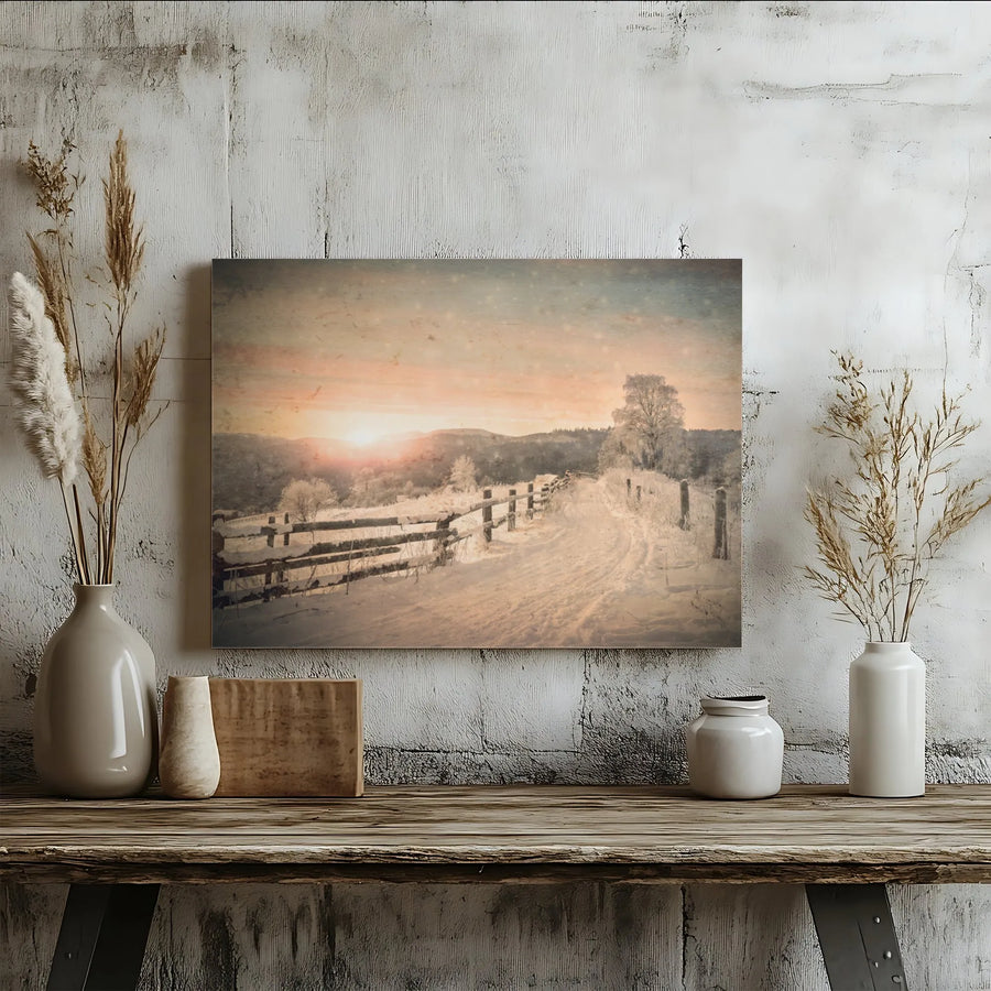 Winter Landscape Canvas Art | Snowy Country Road Sunset Print | Premium 1.25 Inch Gallery Wrap | Seasonal Farmhouse Home Decor