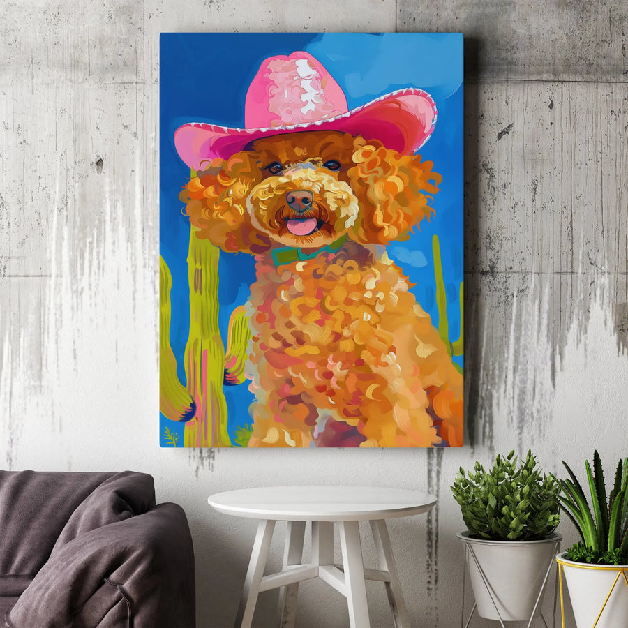 Poodle Dog Canvas Wall Art | Pink Cowboy Hat Desert Western Decor | Gallery Quality 1.25" Profile | Unique Gift for Dog Lovers