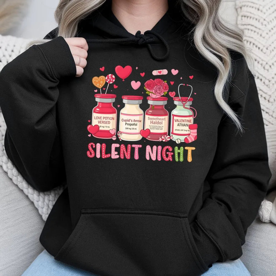 Silent Night Nurse Valentine Hoodie | Funny Medical Potion Graphic | Premium Cotton Blend | Gift For RN LPN Nursing Students