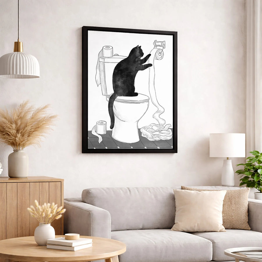 Black Cat Bathroom Wall Art | Funny Mischievous Kitten Unrolling Toilet Paper Print | 1.25 Inch Gallery Wrap Canvas | Unique Home Decor Gift for Cat Lovers