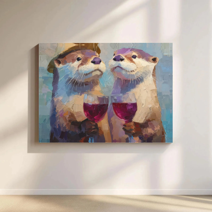 Otter Couple Wall Art | Whimsical Animals Toasting Wine Painting | Premium Gallery Canvas Print | Unique Home Decor Gift for Wine Lovers