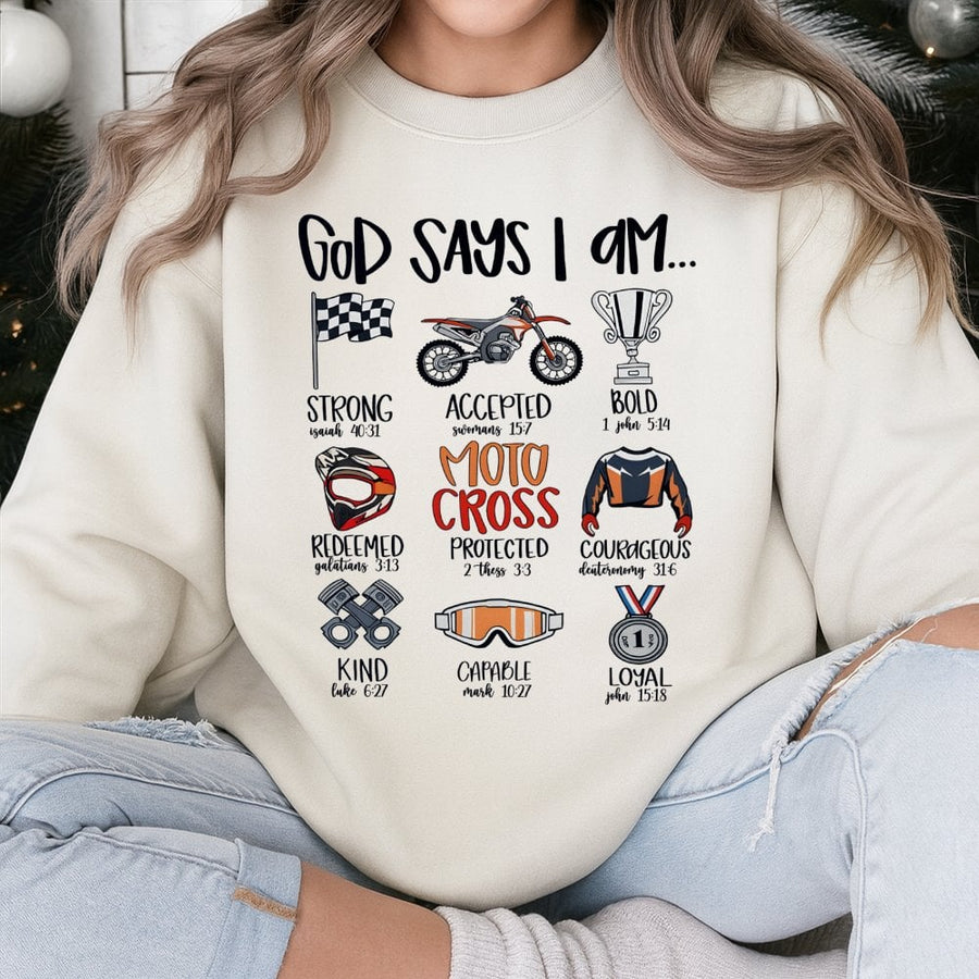 Motocross Faith Sweatshirt | God Says I Am Bible Verse Graphic | Premium Cotton Blend | Christian Dirt Bike Gift for Men Women Teens