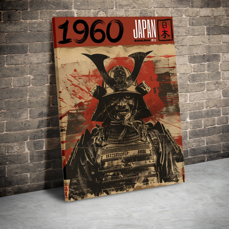 Japanese Samurai Warrior Canvas | 1960 Retro Graphic Art Print | Premium 1.25 Inch Gallery Wrap | Unique Home Office Decor Gift for Him
