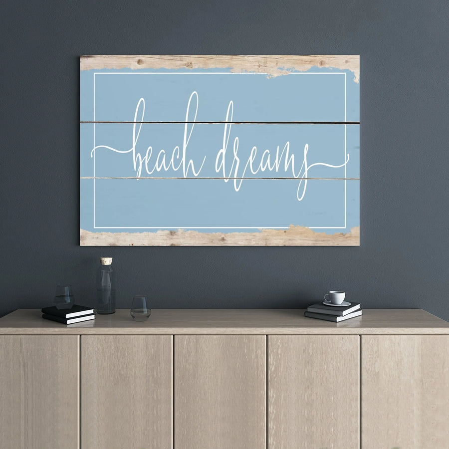 Beach Dreams Wall Art | Rustic Blue Coastal Script Decor | Premium Gallery-Wrapped Canvas | Nautical Living Room Beach House Decor