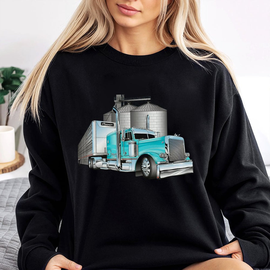 Semi Truck Sweatshirt | Blue Livestock Trailer Graphic | Premium Cotton Blend Crewneck | Gift for Trucker Driver Farmer