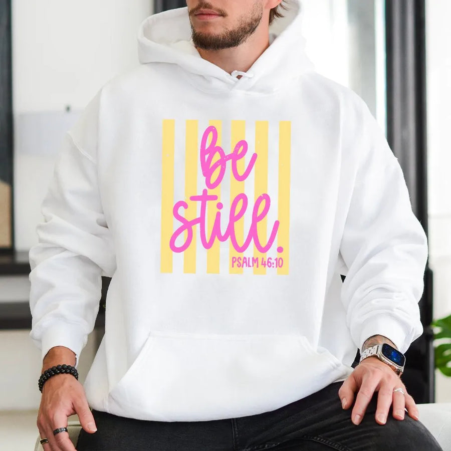 Be Still Psalm 46:10 Hoodie | Retro Striped Christian Graphic Tee | Premium Comfort Colors Cotton | Faith Based Gift for Women and Men