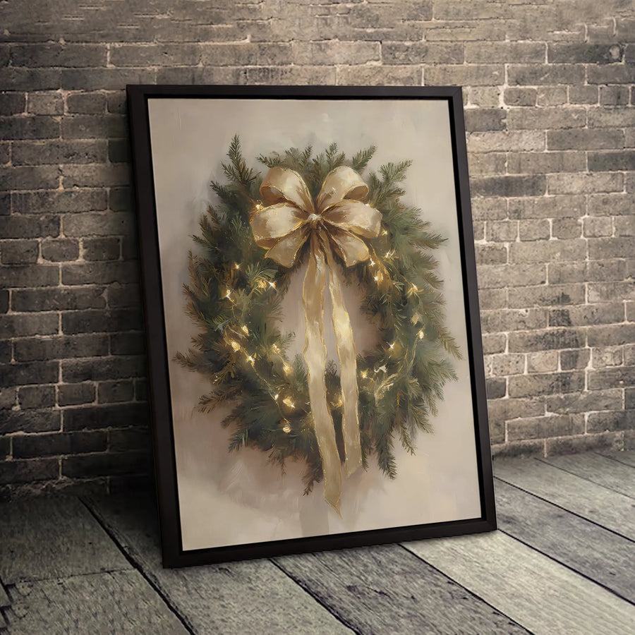 Christmas Wreath Canvas Wall Art | Painterly Gold Bow & Lights Design | Premium 1.25" Gallery Wrap | Festive Holiday Home Decor Gift