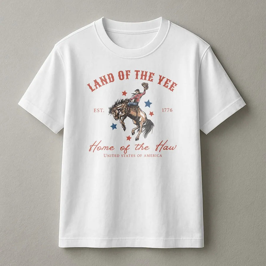 Yee Haw 4th of July T-Shirt | Land Of The Yee Home Of The Haw | Vintage Western Cowboy Graphic | Patriotic USA Independence Day Gift