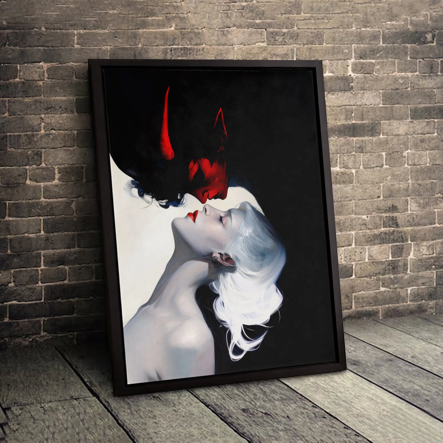Gothic Demon and Woman Canvas | Dark Fantasy Romantic Kiss Wall Art | Premium Fade-Resistant Print | Moody Aesthetic Home Decor