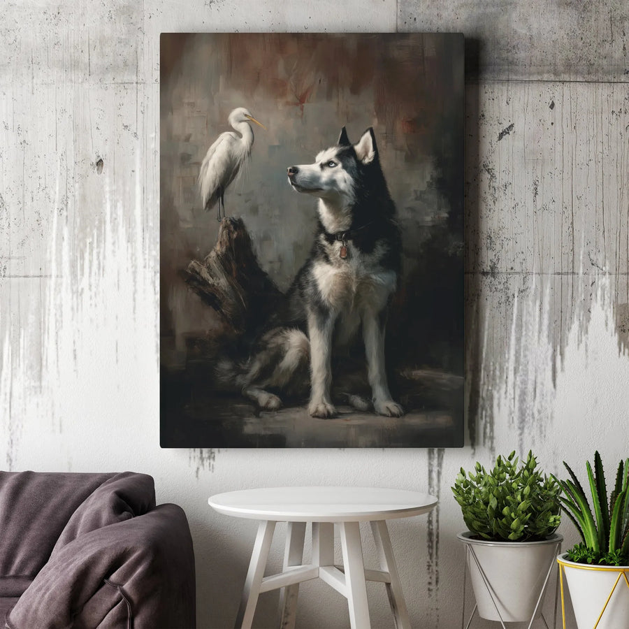 Siberian Husky and Egret Canvas | Moody Oil Painting Style Wall Art | Premium 1.25" Thick Gallery Wrap | Unique Collector's Gift for Dog Lovers
