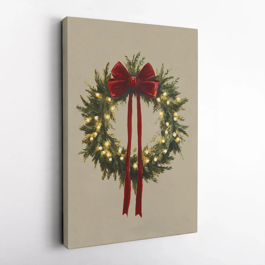 Christmas Wreath Canvas Print | Illuminated Holiday Wall Art with Red Bow | Premium 1.25" Gallery Wrap | Festive Home Decor Gift