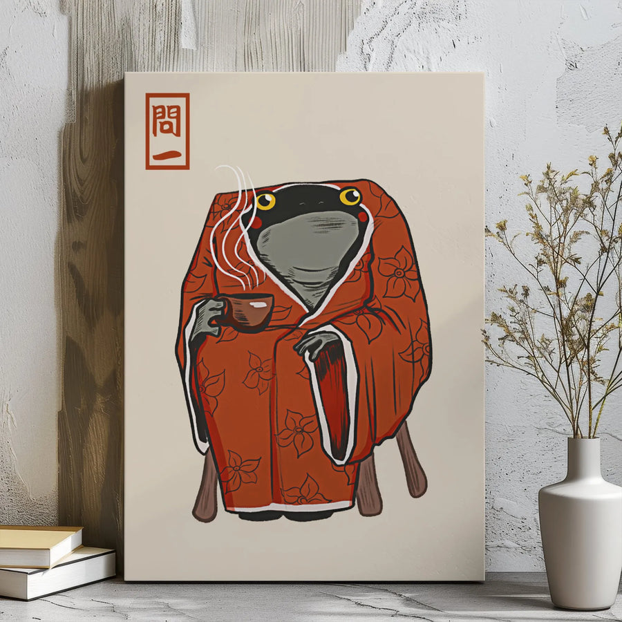 Japanese Frog Canvas Art | Red Floral Kimono Tea Illustration | Premium Gallery Wrap Wall Decor | Whimsical Zen Home Gift for Frog Lovers