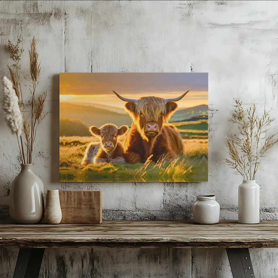 Highland Cow Canvas Print | Mother and Calf Sunset Farmhouse Wall Art | Premium 1.25 Inch Gallery Wrap | Rustic Country Home Decor Gift