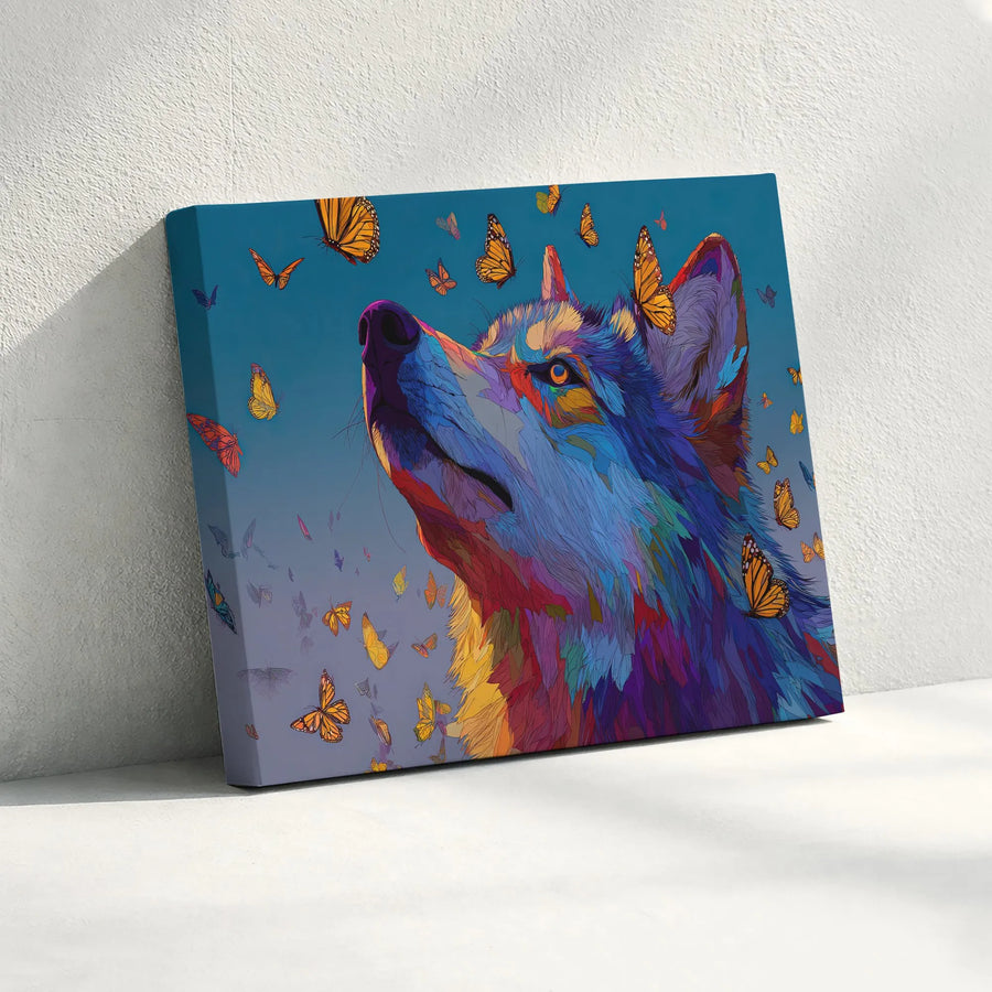 Colorful Wolf Canvas Art | Psychedelic Animal Print with Monarch Butterflies | Premium Fade-Resistant Print | Unique Gift for Wildlife Art Collector