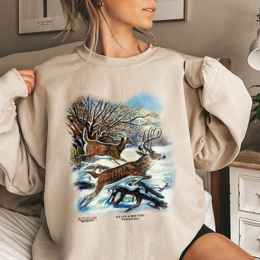 Whitetail Deer Sweatshirt | Vintage Style Leaps and Bounds Graphic | Premium Cotton Blend Crewneck | Wildlife Lover Gift for Men and Women