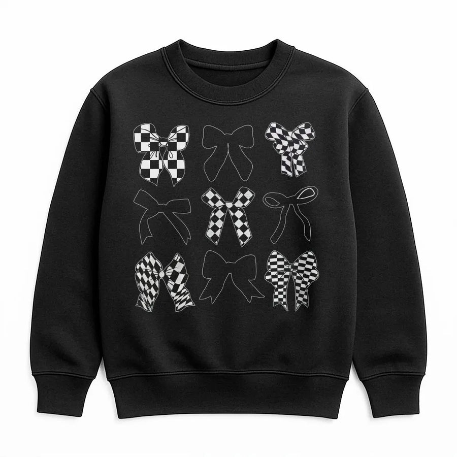 Coquette Bow Sweatshirt | Aesthetic Black and White Checkerboard Bows | Soft Cotton Blend | Trendy Preppy Gift for Her