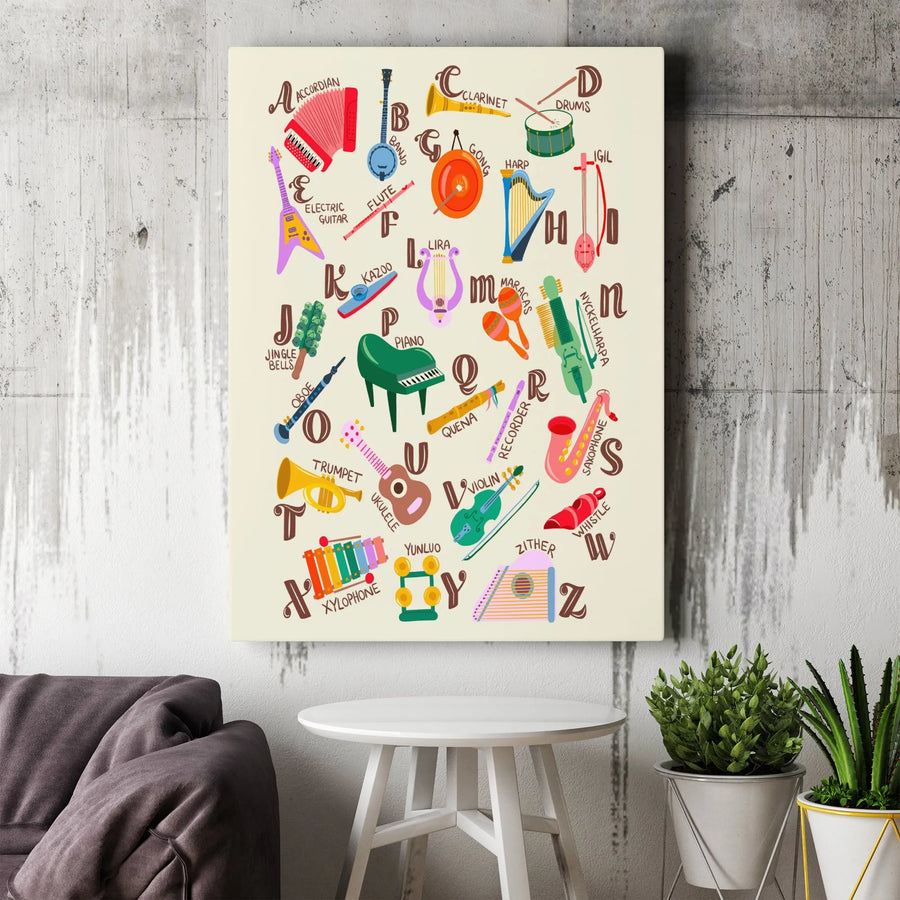 Musical Instrument Alphabet Vertical Canvas | Educational ABC Learning Chart | Premium Gallery Wrap Canvas | Gift for Kids Room & Nursery Decor