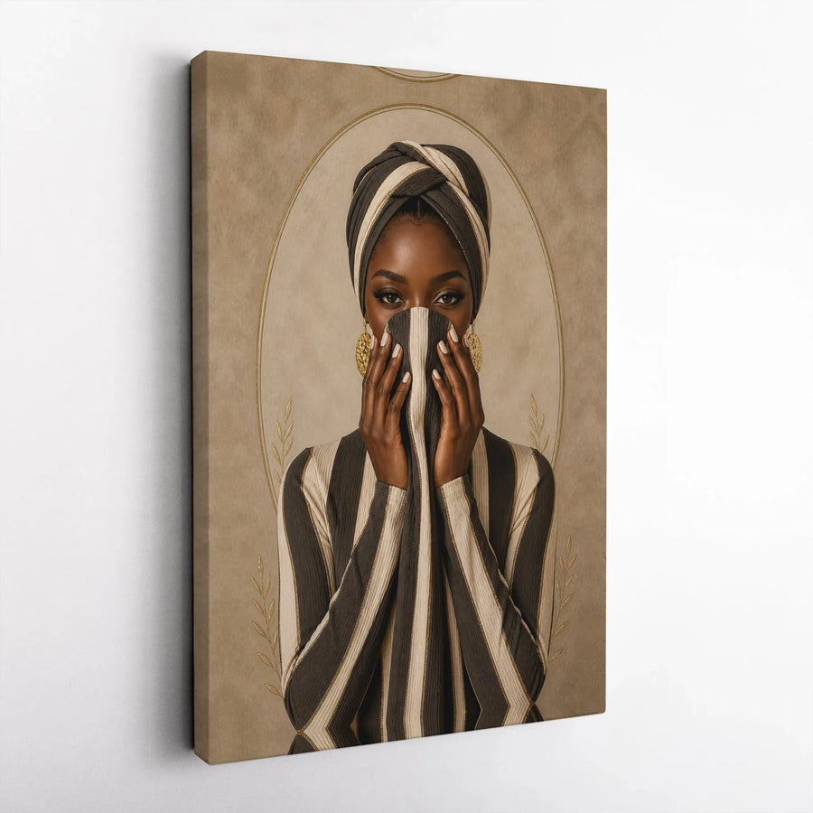 Elegant Black Woman Canvas Art | Mysterious Gaze Portrait with Gold Accents | Premium Gallery Wrap Canvas | Modern Afrocentric Home Decor Gift