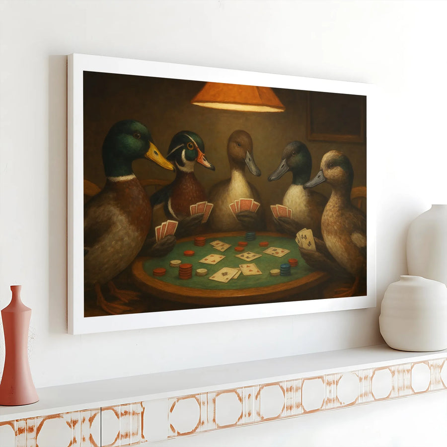 Ducks Playing Poker Canvas Wall Art | Whimsical Animal Gambling Print | Premium Gallery-Wrap Decor | Funny Office & Man Cave Gift