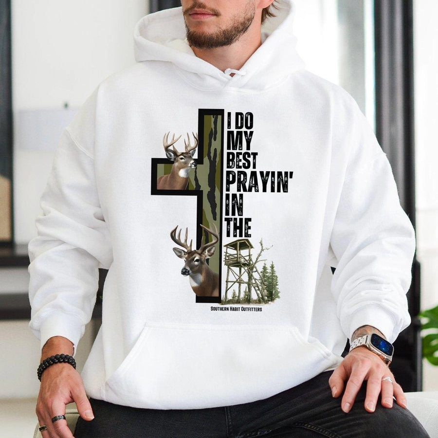 Deer Hunting Hoodie | I Do My Best Prayin In The Deer Stand Cross Design | Premium Cotton Blend Sweatshirt | Christian Hunter Gift For Men