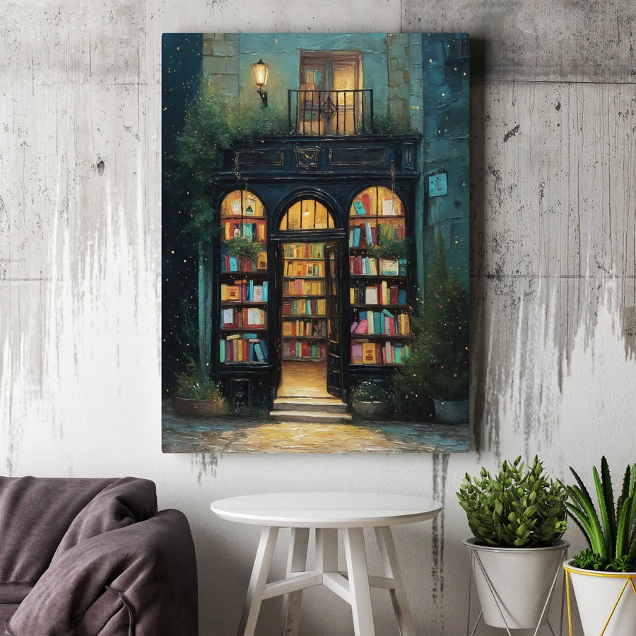 Cozy Bookstore Canvas Wall Art | Vintage Impressionist Night Scene | Premium Gallery Wrapped Canvas | Gift for Book Lovers & Readers