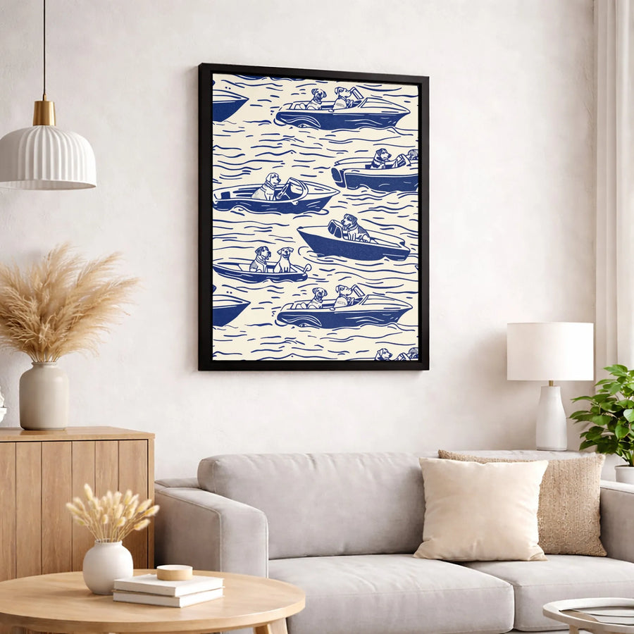 Dogs Driving Boats Canvas Art | Whimsical Navy Blue Nautical Pattern | 1.25 Inch Premium Gallery Wrap | Unique Dog Lover Home Decor Gift