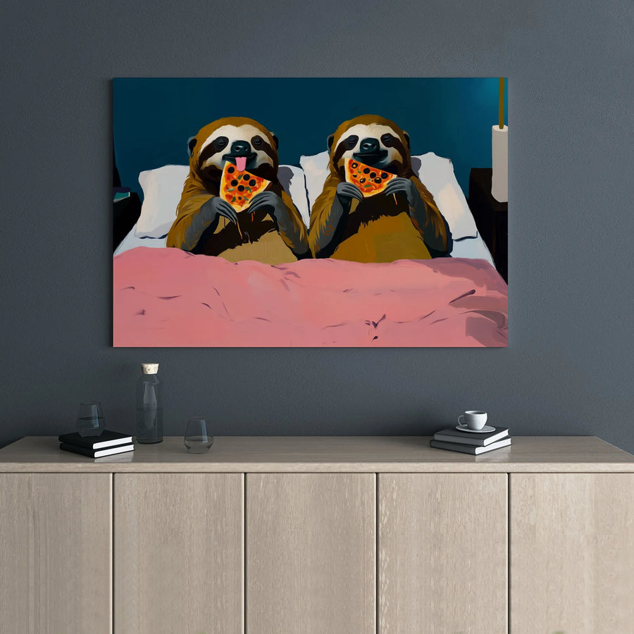 Sloth Wall Art Canvas | Two Sloths Eating Pizza In Bed | Gallery Wrapped Premium Decor | Funny Animal Bedroom Poster Gift