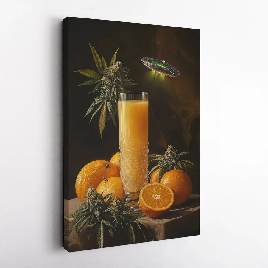 Surreal Still Life Canvas Print | UFO Orange Juice Marijuana Aesthetic Wall Art | Premium Gallery Wrapped Decor | Unique Home Gift For Stoner