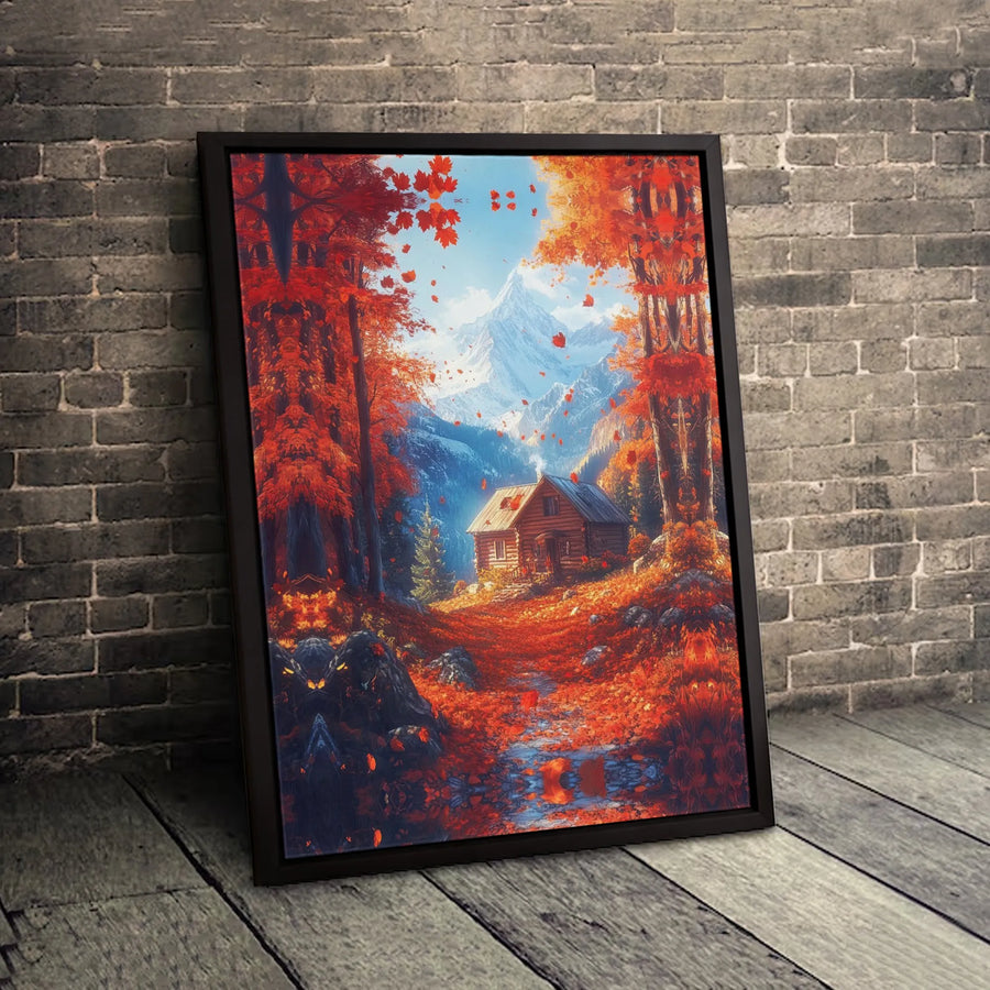Autumn Cabin Wall Art | Red Forest Landscape with Mountain View | Premium Gallery Wrap Canvas | Rustic Fall Home Decor Gift