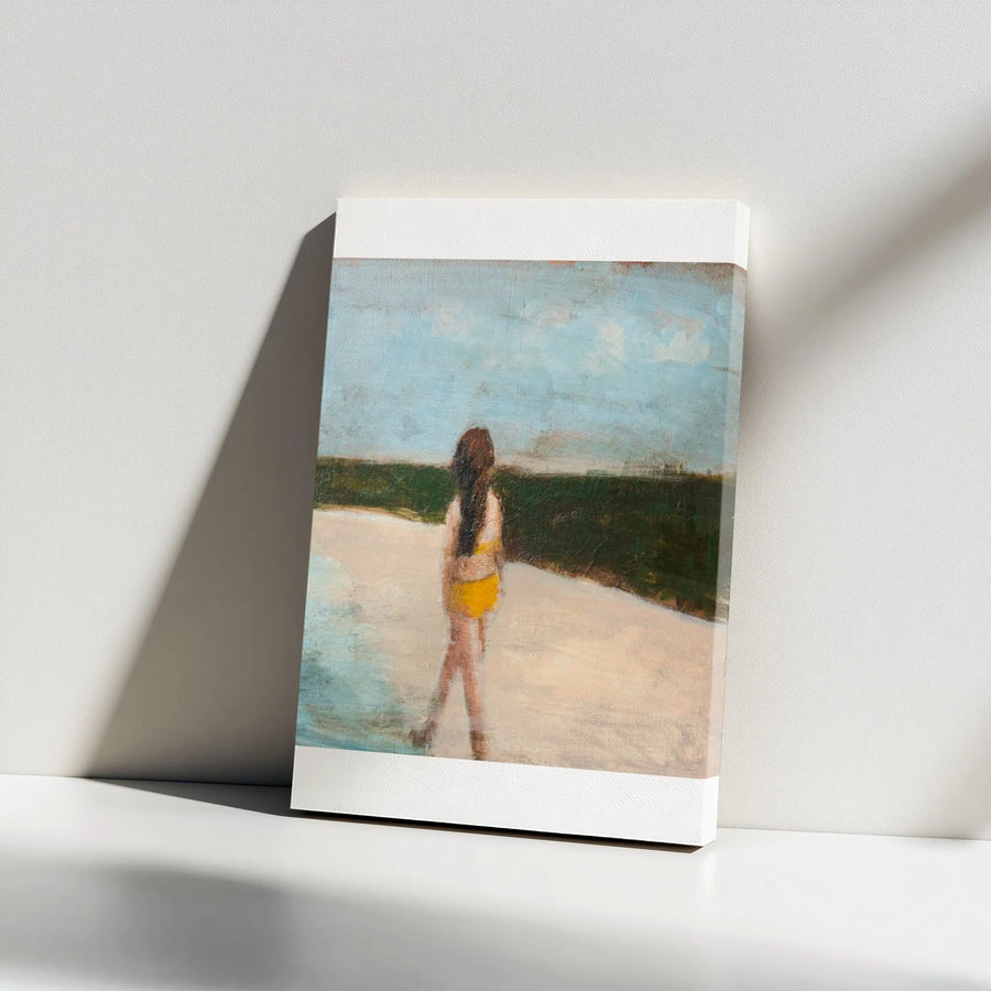 Beach Figure Painting Canvas Wall Art | Impressionist Style Woman in Yellow Bikini | Premium Gallery Wrap Canvas | Modern Coastal Home Decor Gift