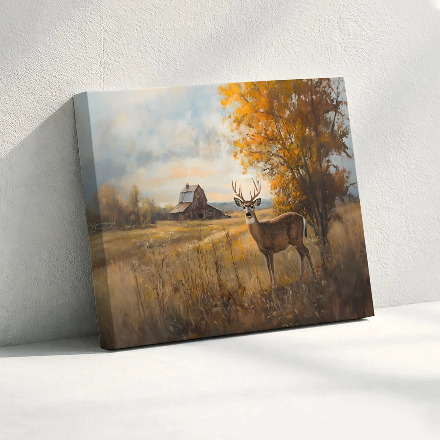 Autumn Deer Canvas Wall Art | Rustic Barn Country Landscape Print | Premium Fade-Resistant Gallery Wrap | Wildlife Home Decor Gift for Hunters