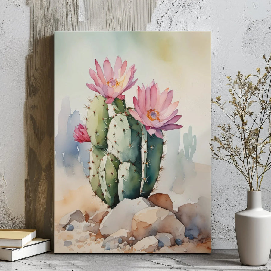 Watercolor Desert Cactus Canvas Art | Pink Blooming Succulent Print | Premium 1.25" Gallery Wrap | Boho Southwestern Home Wall Decor Gift
