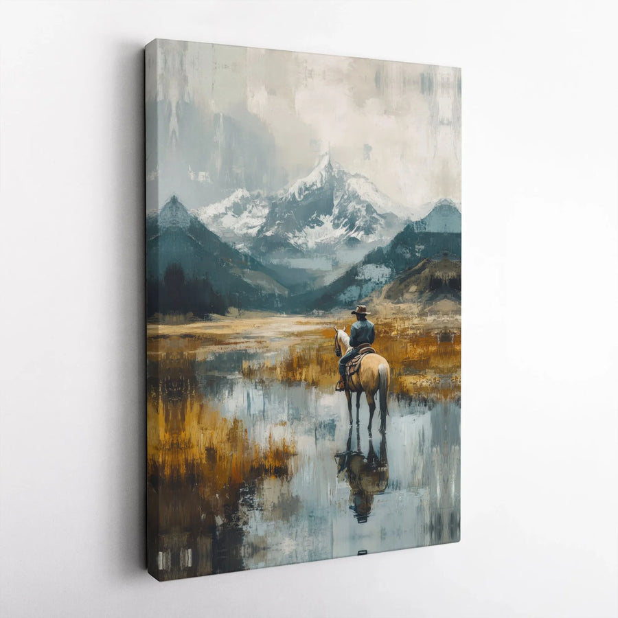 Western Cowboy Canvas Art | Lone Rider Mountain Landscape | Premium Gallery Wrap Wall Decor | Rustic Lodge Living Room Gift