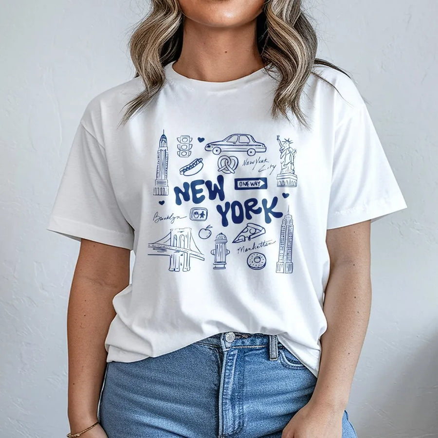 New York City T-Shirt | Doodle Collage Landmark Print | Premium Cotton Blend | NYC Tourist Souvenir Gift for Men & Women