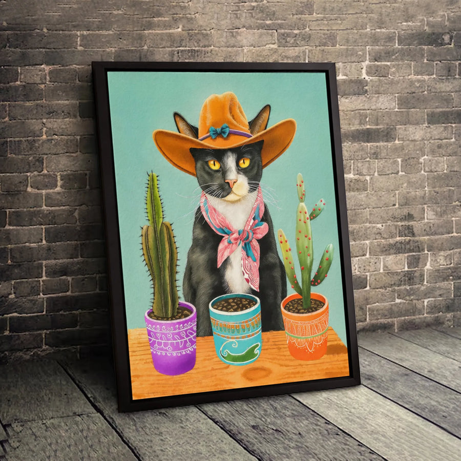 Tuxedo Cat Wall Art | Cowboy Hat And Cacti Western Print | Premium 1.25" Gallery Canvas | Quirky Animal Lover Home Decor Gift