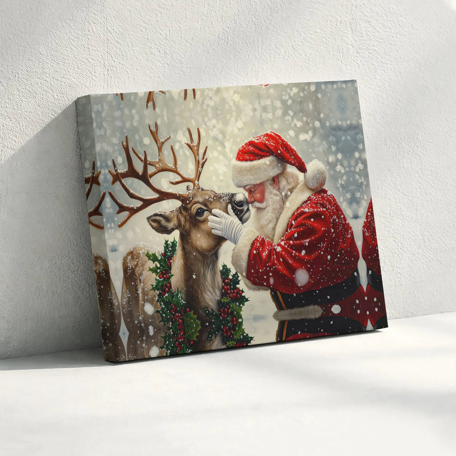 Santa Claus And Reindeer Canvas Wall Art | Whimsical Winter Holiday Scene | Premium Gallery Wrap Print | Festive Christmas Home Decor Gift