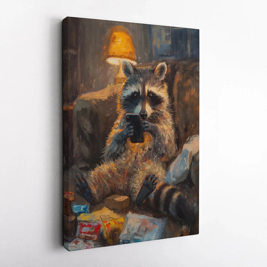 Funny Raccoon Canvas Print | Humorous Trash Panda Scrolling on Phone | Premium Gallery Wrapped Canvas | Collector's Gift for Meme Lover