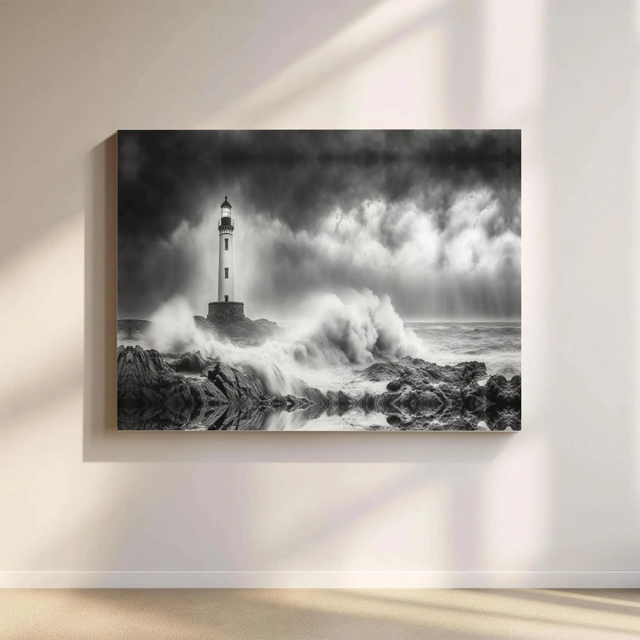Lighthouse Canvas Wall Art | Stormy Ocean Crashing Waves Print | Premium Gallery Wrap Decor | Coastal Nautical Gift for Home Office