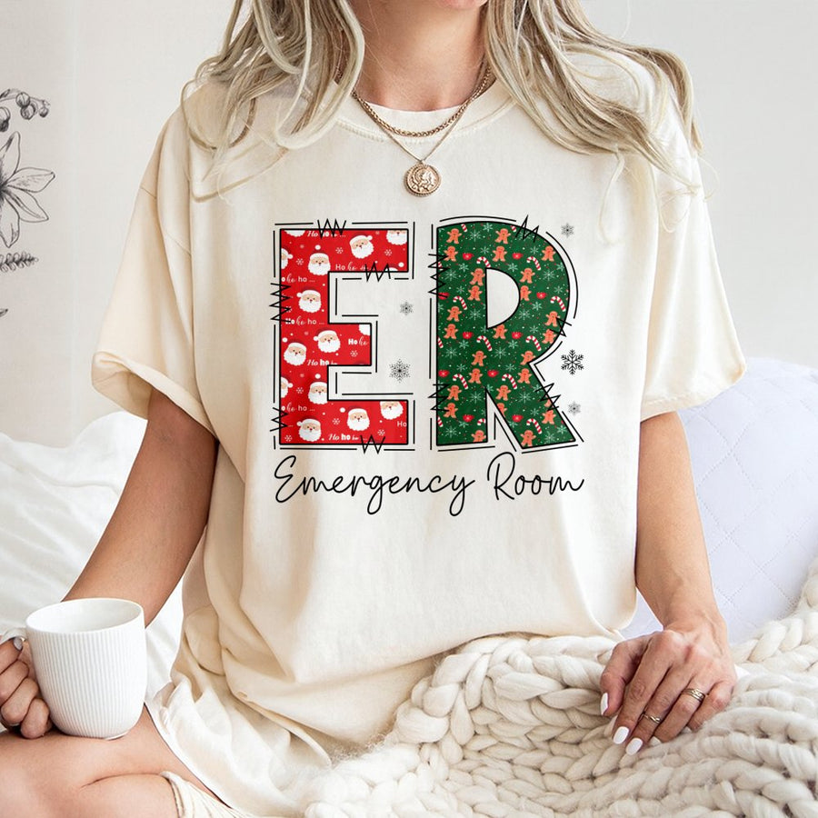 ER Emergency Room Christmas T-Shirt | Festive Medical Staff Holiday Graphic Tee | Premium Cotton Casual Wear | Perfect Gift for ER Nurses and Doctors