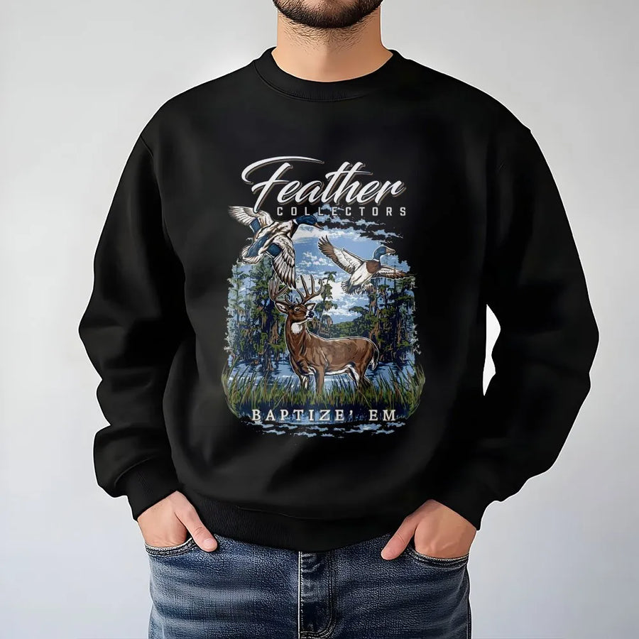 Feather Collectors Hunting Sweatshirt | Whitetail Deer and Duck Swamp Design | Premium Cotton Blend | Gift for Hunter and Outdoor Enthusiast