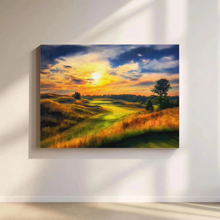 Golf Course Canvas Wall Art | Impressionist Sunset Landscape Painting | Premium Gallery Wrapped Canvas | Gift for Golfer, Man Cave Decor