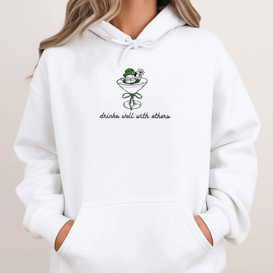 Drinks Well With Others Hoodie | St Patricks Day Martini Graphic | Premium Cotton Blend | Funny Irish Party Gift For Men And Women