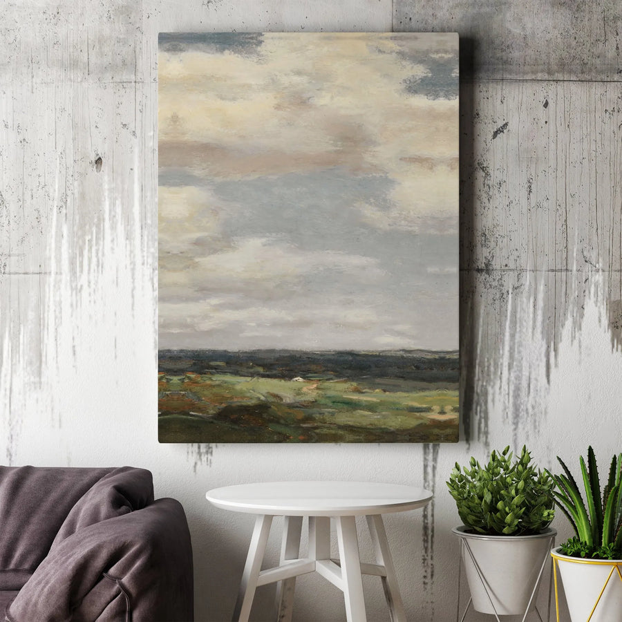 Landscape Canvas Wall Art | Moody Cloudy Sky Minimalist Painting | Premium Gallery Wrap Print | Modern Living Room Home Decor