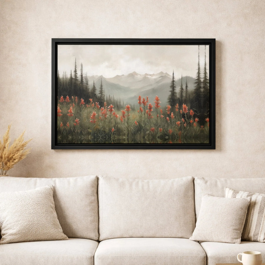 Misty Mountain Landscape Canvas | Red Wildflower Forest Wall Art | Premium Fade-Resistant Print | Serene Nature Decor For Home Or Office